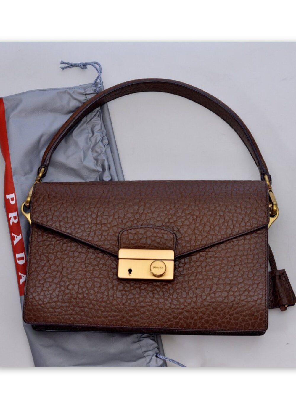 NWOT with Dust Bag Prada Berlino Sound Brown Pebbled Leather Shoulder Bag Italy